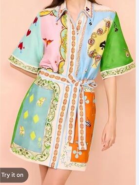 Source Unknown Multicolor Patchwork Mini Dress with Belt